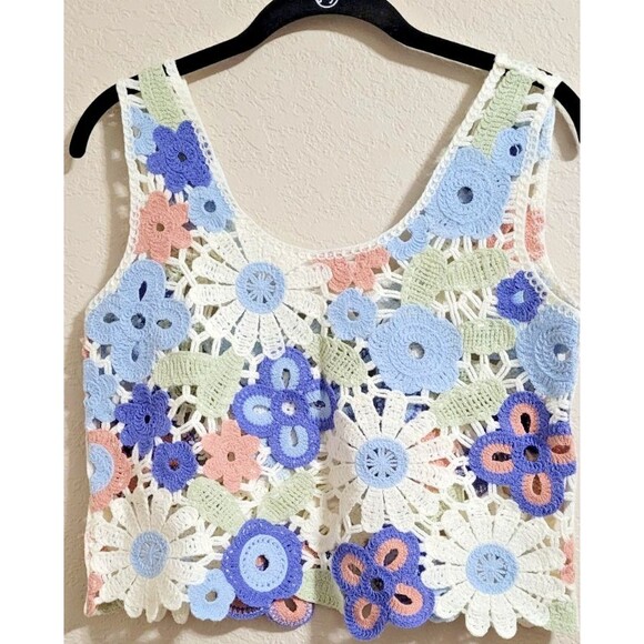 Altar'd State Tank Top Blouse Knit Boho Crochet Small Floral Cottagecore Grandma - Picture 2 of 3